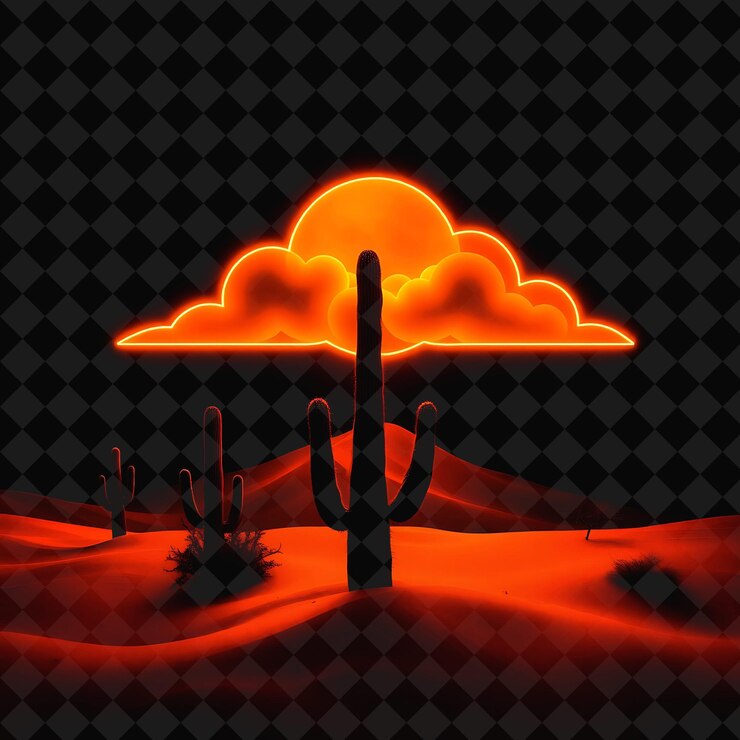 PSD nube de neón del desierto con dunas de arena de cactus y puesta de sol cálidas tonos terrenales de arena de terracota y b
