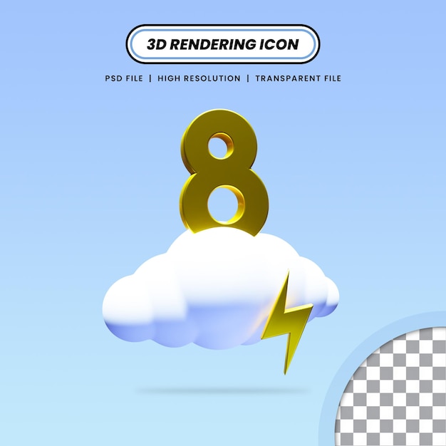 Nube renderizada 3d con trueno y diseño de icono número 8