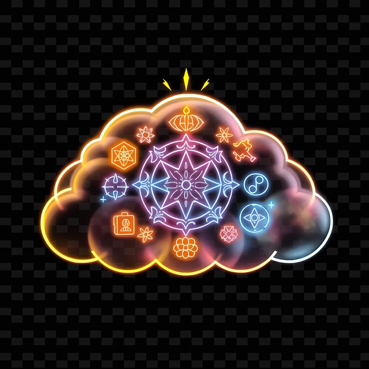 PSD nube simbólica con íconos emblemas y motivos significativos tonos de neón de oro s_isolado_neón_objetos