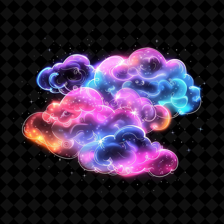 PSD nubes de candyfloss luminosas ensambladas con caramelos fragmentados color de neón comida bebida colección y2k