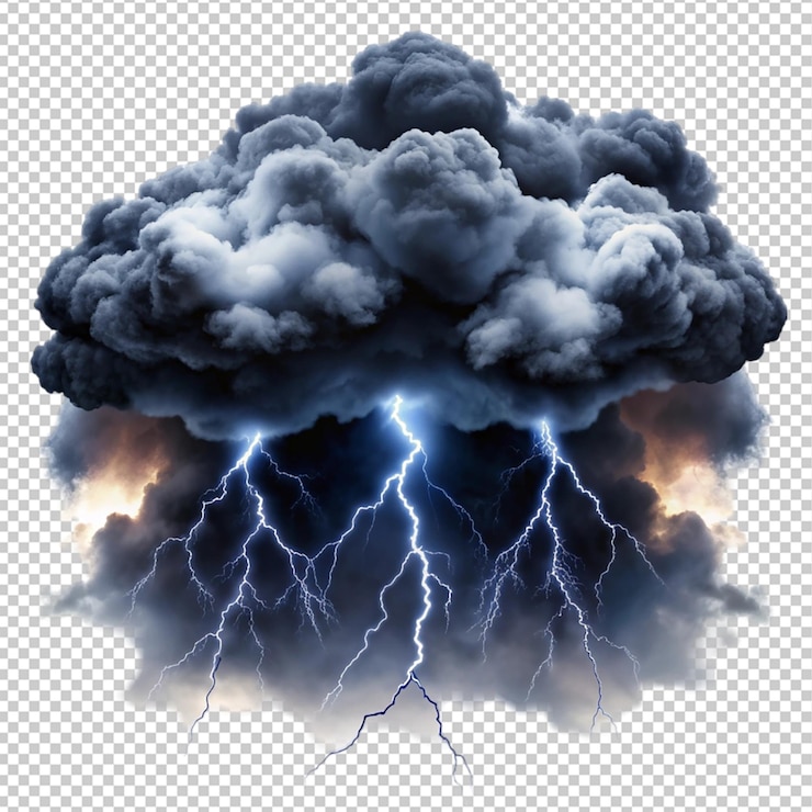 PSD nubes de tormenta negras con relámpagos y humo sobre un fondo transparente