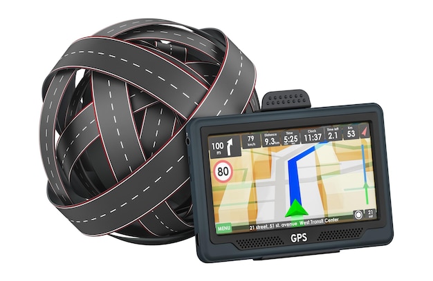 Nudo de carreteras con dispositivo de navegación GPS renderizado en 3D aislado sobre un fondo transparente