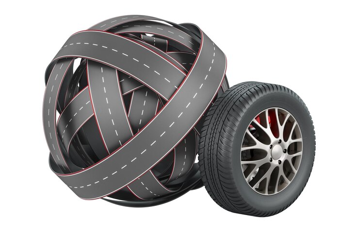 PSD nudo de carreteras con renderización 3d de ruedas de automóviles aisladas en un fondo transparente