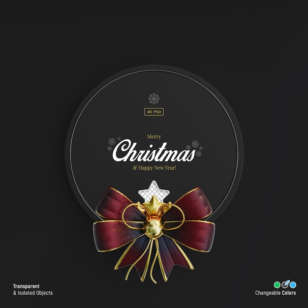 Nudo de lazo de Navidad 3D en tablero negro redondo aislado