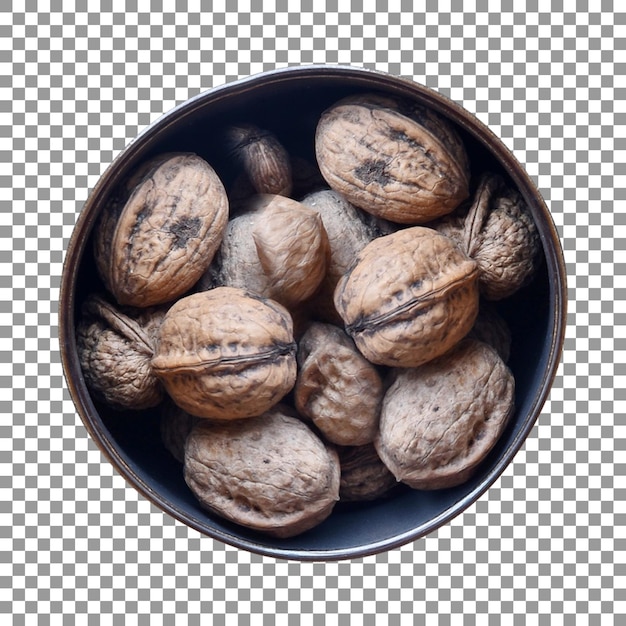 nueces frescas en un recipiente con fondo transparente
