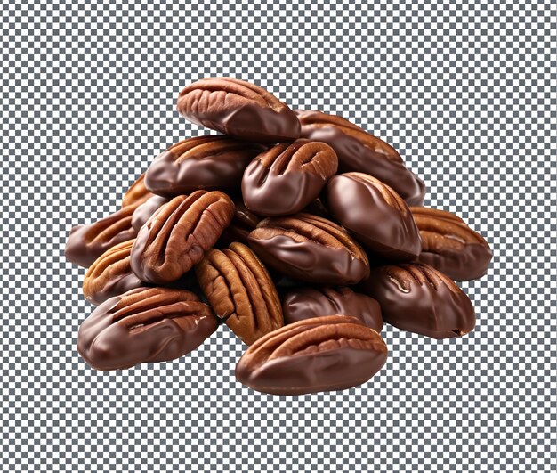 nueces de macadamia dulces cubiertas de chocolate aisladas sobre un fondo transparente