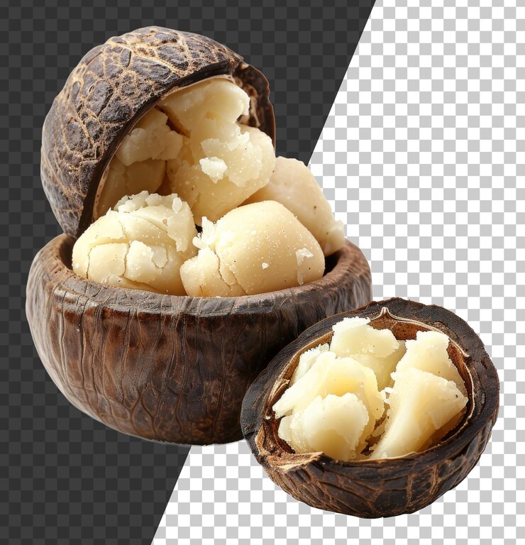 PSD nueces de macadamia enteras en cáscara con el núcleo visible en un fondo transparente