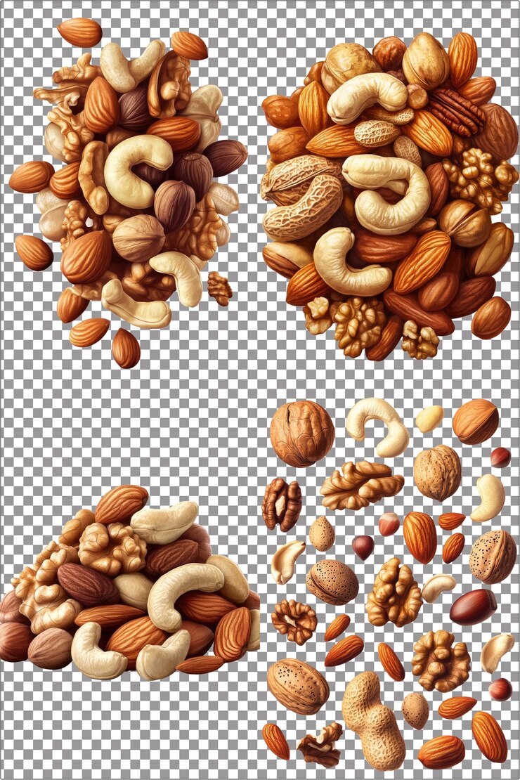 Nueces mixtas hiperrealistas PNG aislado con fondo transparente claro muy detallado