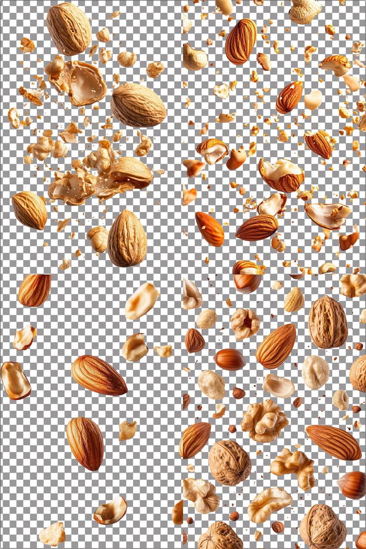 Nueces voladoras esparcidas y crujientes PNG aislado hiperrealista con fondo transparente claro alto
