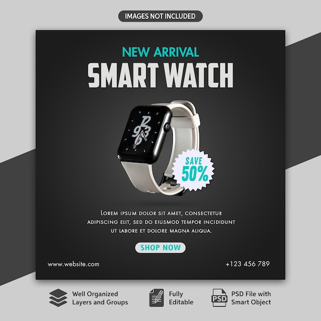 Nueva llegada Smartwatch diseño de plantillas de publicaciones y banners en las redes sociales