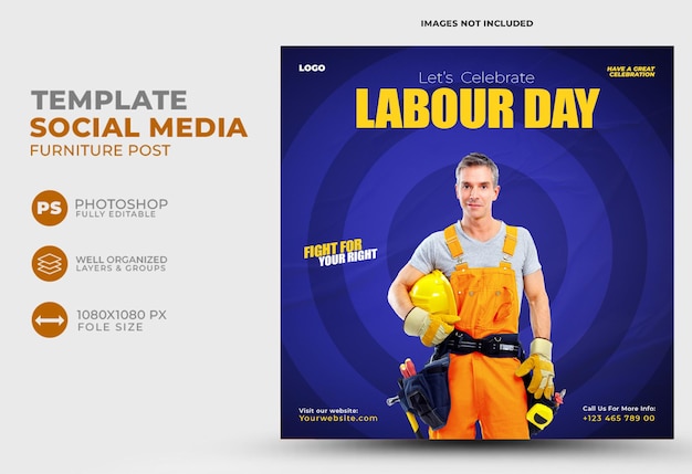 PSD nueva plantilla de diseño de publicación de redes sociales del día del trabajo 2023