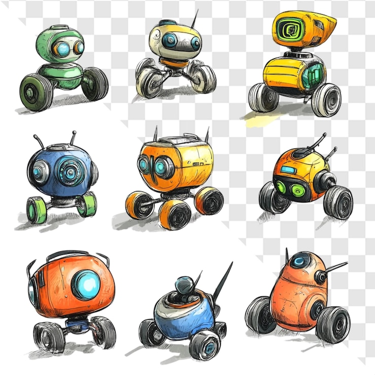 PSD nueve adorables robots explorando un nuevo mundo diseños alegres y lúdicos