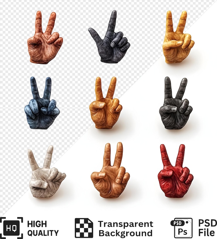 PSD nueve gestos de la mano de la paz en diferentes colores aislados en un fondo transparente