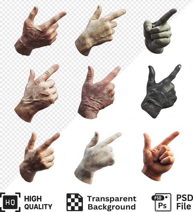 PSD nueve manos renderizadas en 3d que apuntan aisladas en un fondo transparente con diferentes texturas