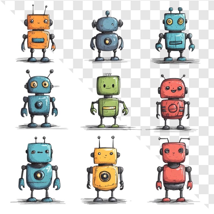 PSD nueve robots adorables que expresan diferentes emociones diseños alegres y amigables