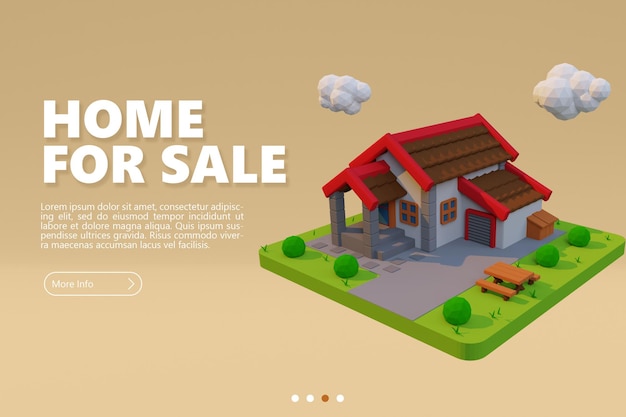 nuevo hogar en venta banner con renderizado de casa adosada de dibujos animados