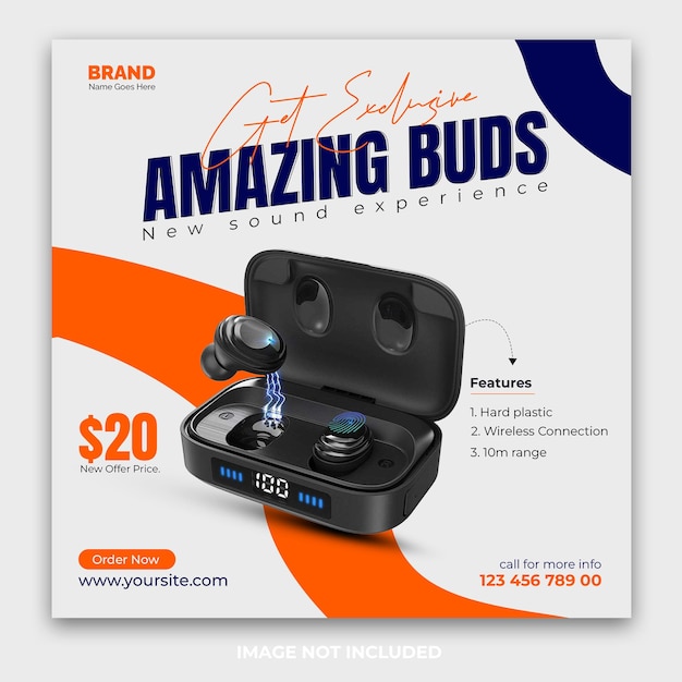 Nuevos auriculares de llegada o venta de cena auriculares plantilla de diseño de banner de redes sociales