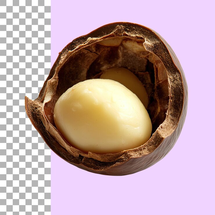 PSD la nuez de macadamia está en una cáscara abierta el almendro dentro de la cual se puede ver en un fondo blanco png