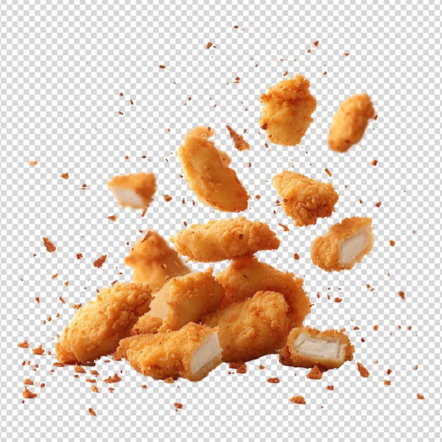 Nuggets de frango fritos com migalhas caindo