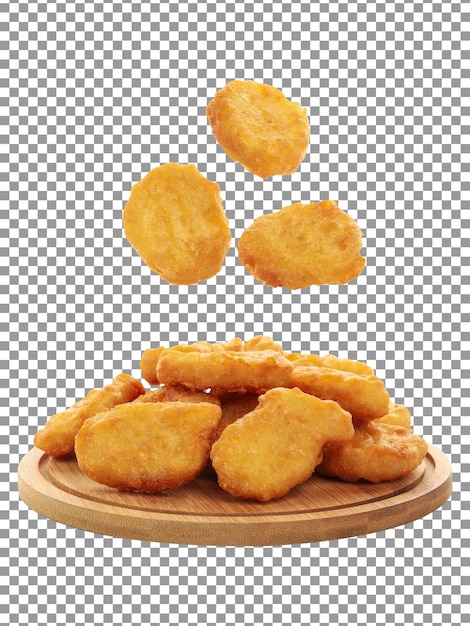 PSD nuggets de frango saborosos na placa de madeira com fundo transparente