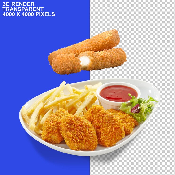 PSD nuggets de pierna de pollo fry seikh kabab nuggets fritos de pescado con salsa de ketchup en el plato