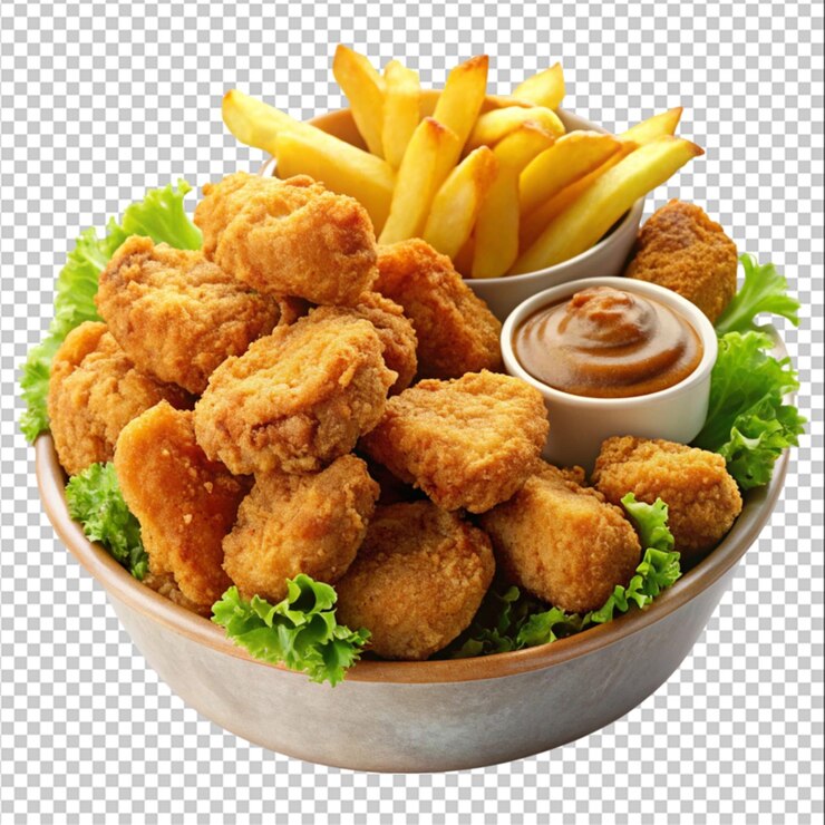 PSD nuggets de pollo frito y papas fritas en un fondo transparente