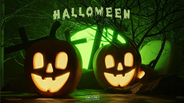 Nuit d'halloween deux citrouilles en arrière-plan de composition forestière