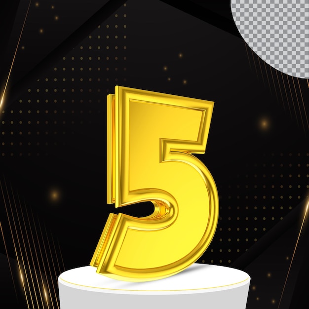 Number 5 3D render collection with color golden