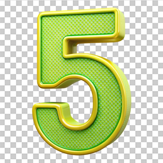 number 5 3d rendering yellow with green color isolated on transparent background