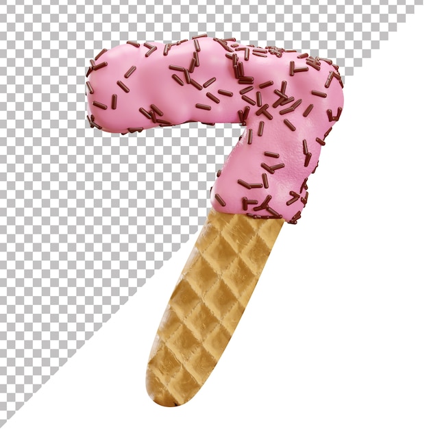 Number 7 made of ice cream waffle with chocolate sprinkles in 3d style