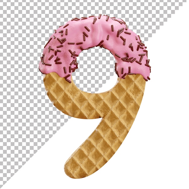 Number 9 made of ice cream waffle with chocolate sprinkles in 3d style