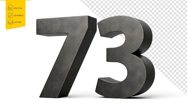 number seventy three 73 digit made of gray smooth cast iron on white background 3d illustration