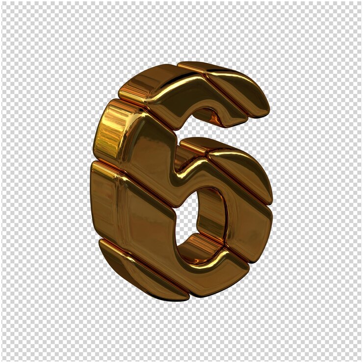 PSD numeri fatti di lingotti d'oro rivolti a destra su uno sfondo trasparente. 3d numero 6