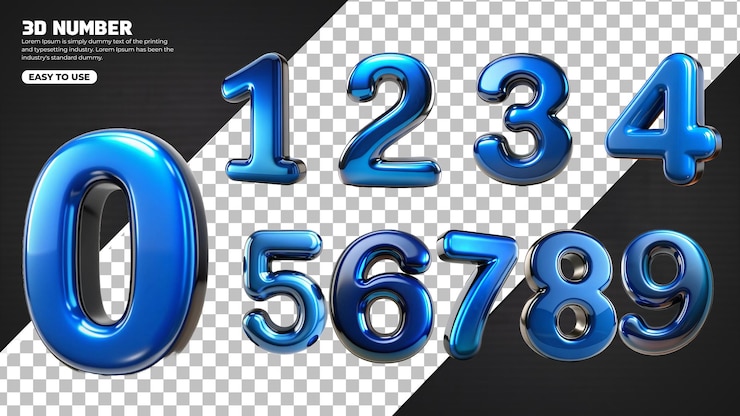 PSD numeri metallici blu luccicanti renderizzati in 3d su sfondo trasparente