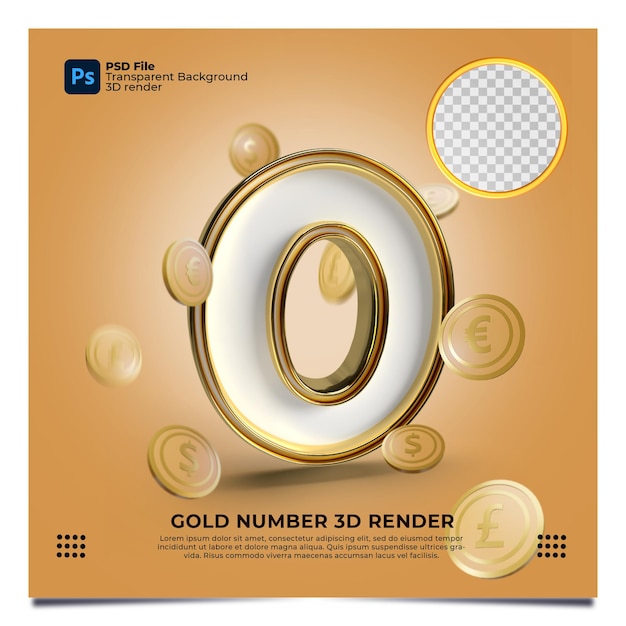 Número 0 3d render estilo ouro com elemento