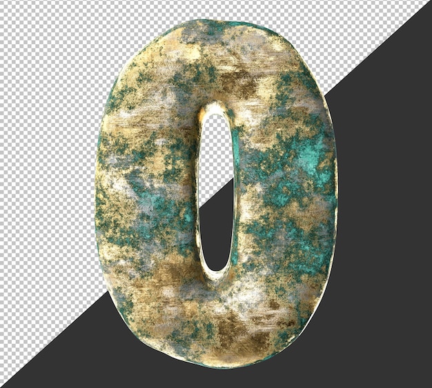 Numero 0 (Zero) dal vecchio set di raccolta di numeri metallici in ottone arrugginito. Isolato. Rendering 3D