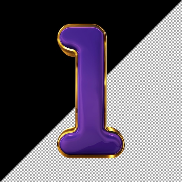Número 1 3D frontal morado con bordes dorados