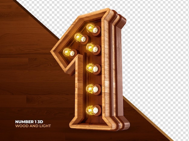 Numero 1 3d render legno con luci realistiche