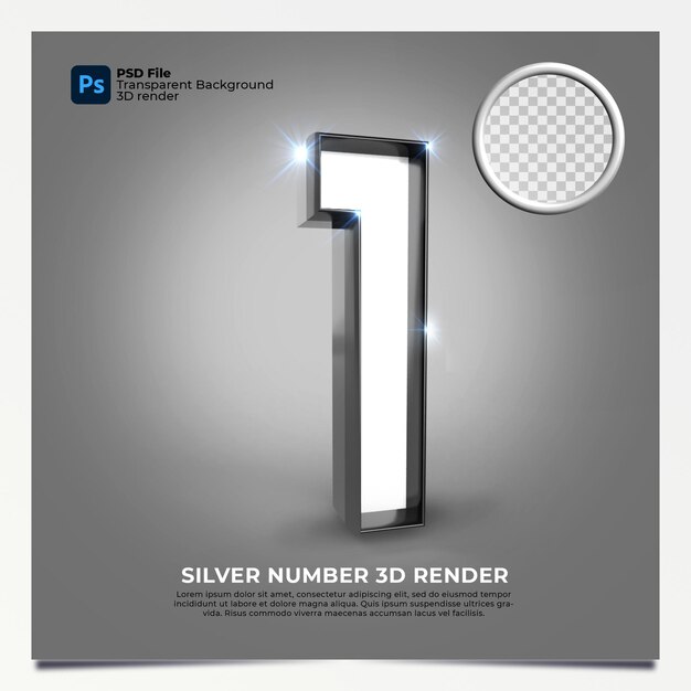 número 1 3D Render Silver estilo com elementos