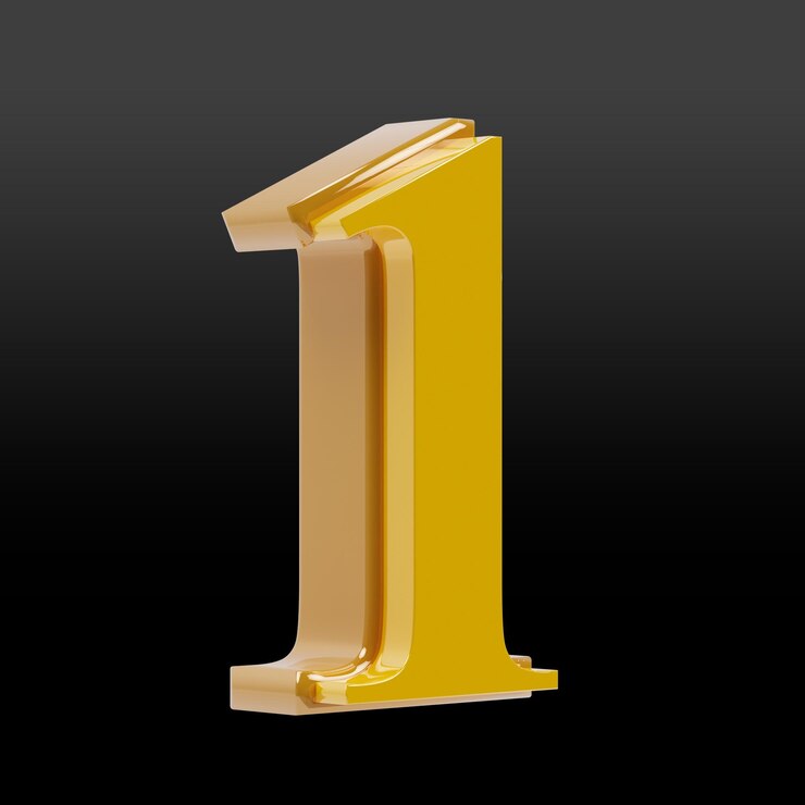 PSD número 1 em ouro em 3d em renderização transparente visão lateral isométrica