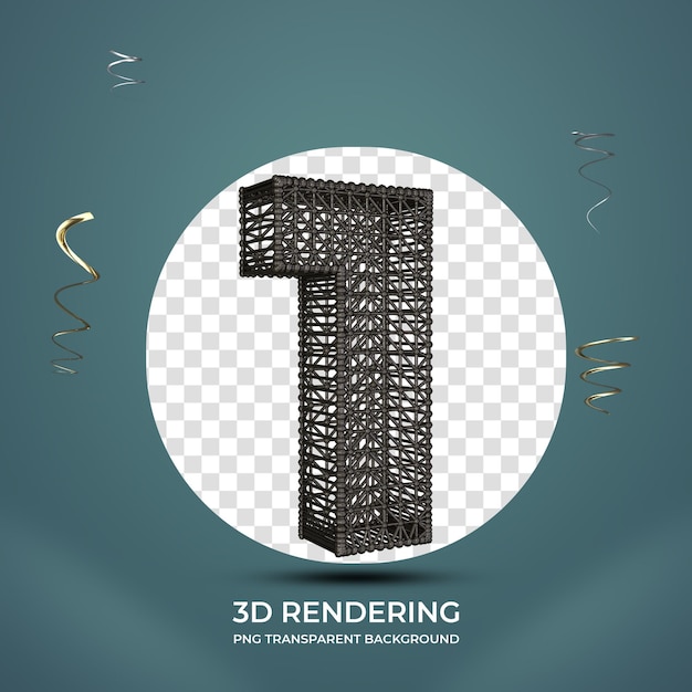 PSD número 1 con estructura de hierro textura 3d render fondo transparente