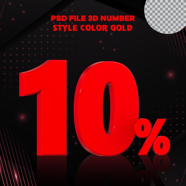 Número 10 por ciento colección de render 3d con color rojo