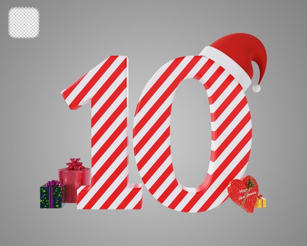 Numero 10 con l'illustrazione 3d di Natale Red Santa Hat