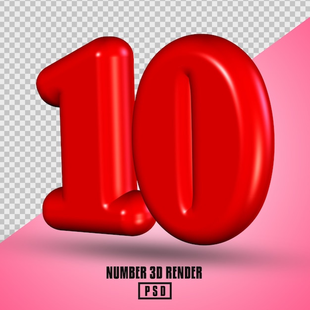 numero 10 rendering 3D di colore rosso