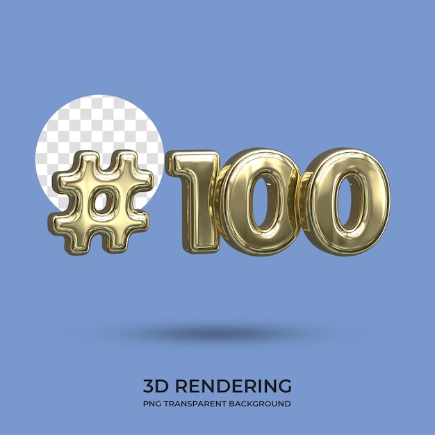 Número 100 gold text 3d renderizando fundo transparente