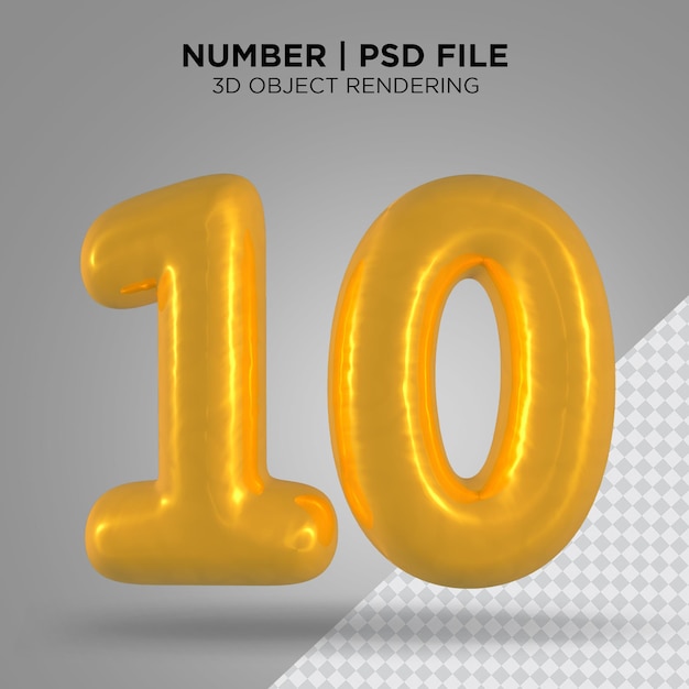 Número 10Ten dourado 3d render Psd Premium