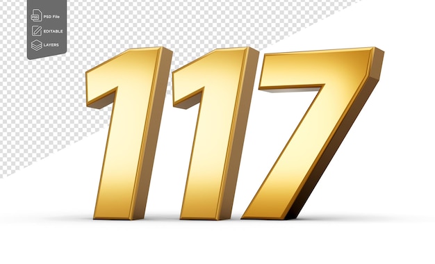 Número 117 Texto dorado brillante aislado sobre un fondo blanco Ilustración en 3D