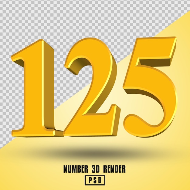 número 125 3d render amarillo oro color