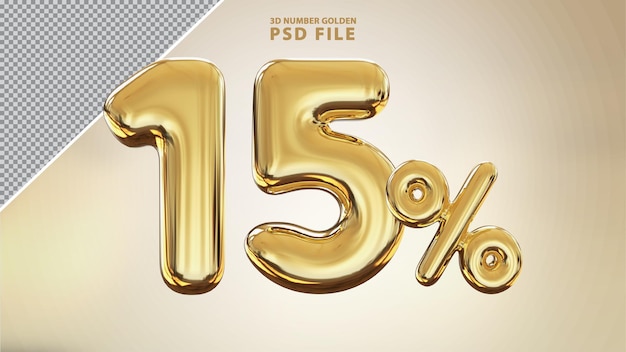 Número 15 por ciento 3D render de lujo dorado