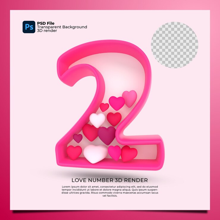 PSD número 2 3d render color rosa con icono de amor